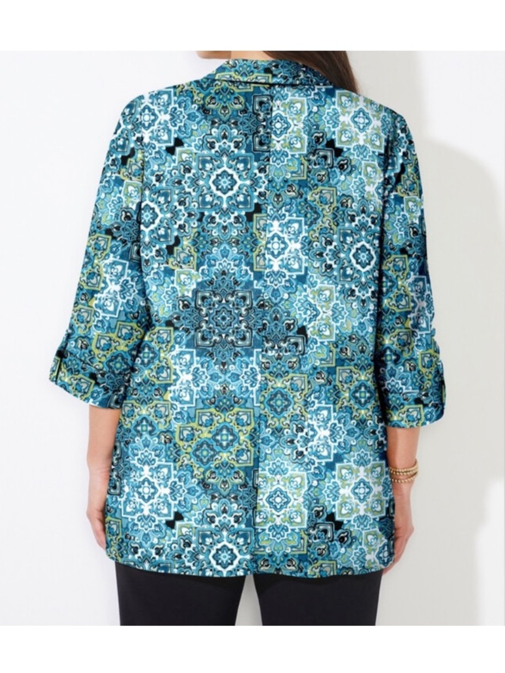 Catherines Timeless Blouse Deep Teal Tile Paisley Blue Green Button Up Shirt 2X - Picture 6 of 10